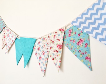 Sweet Blue Bunting, Wedding Fabric Banner, Garland, Bunting Flags, Floral, Polka Dots - 3 yards