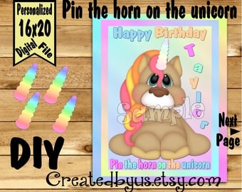 Pin the Horn on the Unicorn PRINTABLE party game Unicorn Birthday Party Game ideas Pin the Tail DIY 16x20 Printable game poster Download