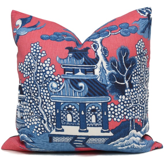 Lee Jofa Willow Pillow Cover, Pink Blue Chinoiserie Pillow Square, Made to order Pillow Cover, Throw Pillow, Toss Pillow, Pagoda