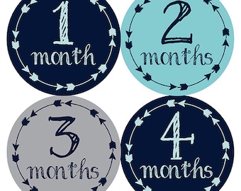 FREE GIFT, Tribal Arrow Month Stickers, Baby Month Stickers Boy, Navy, Aqua, Gray, Grey, Monthly Baby Stickers, Baby Boy, Month Sticker