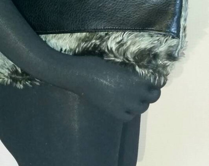 Faux Fur Foldover Clutch, Grey Silver Lucious Long Hair Faux Fur, Faux Leather Hand/Arm Band Strap