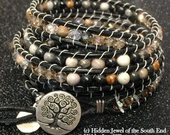 Picasso Jasper Leather Wrap Bracelet, Gemstone Bracelet, black wrap, earthy black Bracelet, black leather Bracelet, jasper bracelet (WR31)