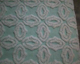 Hofmann AQUA with White SNOWFLAKES Vintage Chenille Bedspread Fabric - 19" X 24"