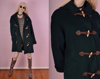 90s Green Wool Hooded Coat/ Large/ 1990s/ Jacket