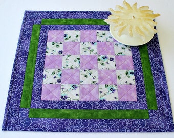 Quilted Table Topper, Pansies, Candle Mat, Purple Green Table Mat, Table Quilt, Quiltsy Handmade