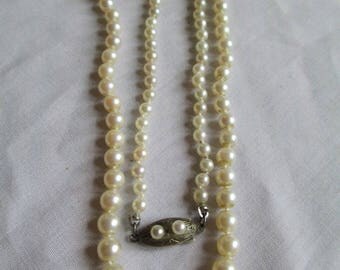 Vintage Cultured Pearl Necklace Graduated W/ Ornate Sterling Clasp with Pearls 20" Necklace Fish Hook Clasp So Elegant Vintagelady7