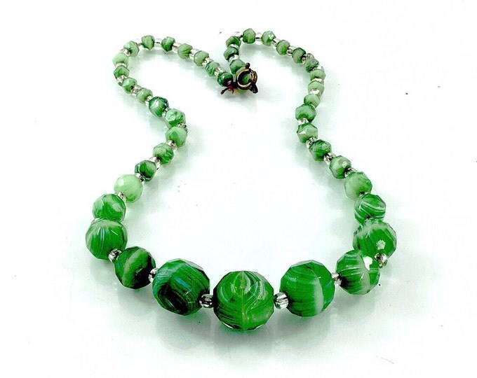 Rare Antique Czech Peking Glass Necklace. Molded Striped Green Glass Czech Necklace, emerald green glass. Unsigned Czechoslovakian bead.