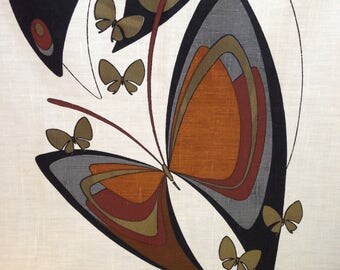 Alfred Shaheen Butterfly Fabric Panel 1960s Designer Vintage Wall Decor or Dress Fabric