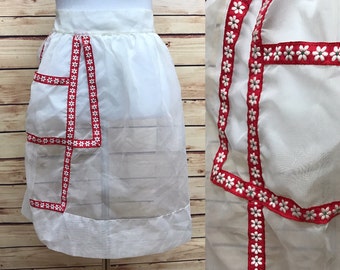 Vintage Sheer Half Apron Off White Pocket Red Flower Trim Hostess 60s