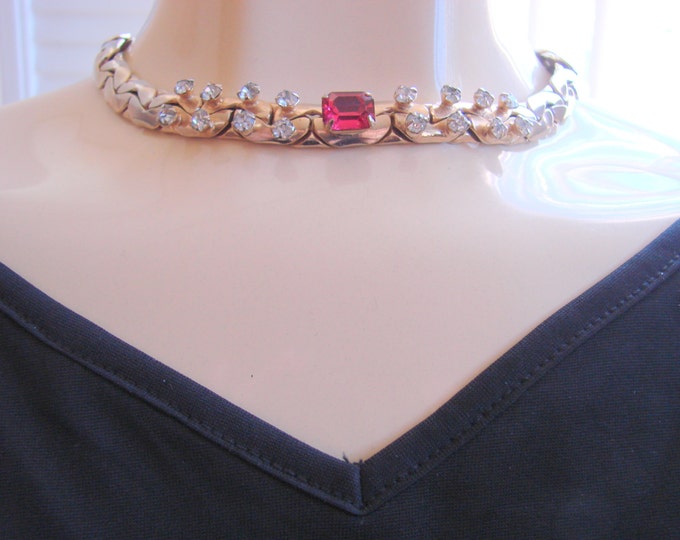 Classic Retro Rhinestone Demi Parure Necklace Bracelet Ruby Faceted Glass Goldtone Link Jewelry Jewellery