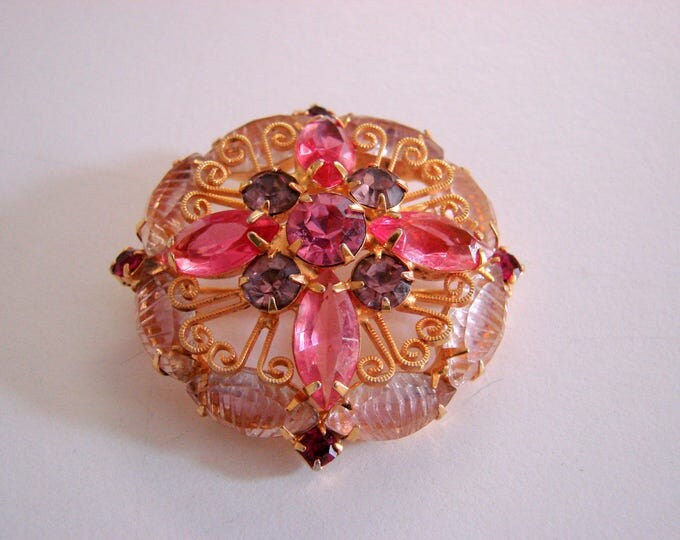 Vintage Pink & Amethyst Rhinestone Cluster Brooch Open Back Navettes Art Glass Juliana (?) Jewelry Jewellery