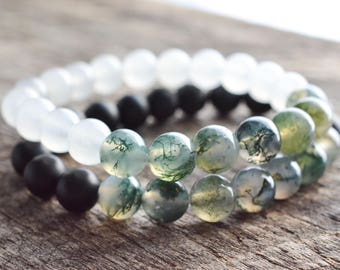 Bead Bracelet Set • Couples Bracelets • Distance Bracelets • Friendship Bracelets • Moss Agate • Stacking Bracelets • Jewelry Set • Gifts