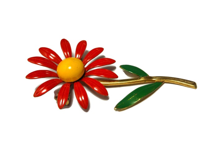 SALE Orange daisy brooch pin, mod 1960s burnt umber orange enamel daisy, yellow center and green stem and leaves on gold tone