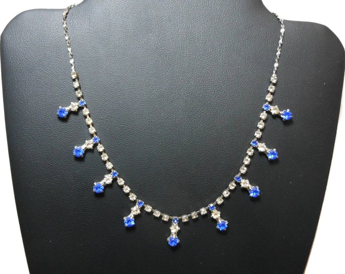 FREE SHIPPING Girl's necklace, woman's choker, sapphire blue and clear rhinestones, silver tone, flower girl necklace, bride choker