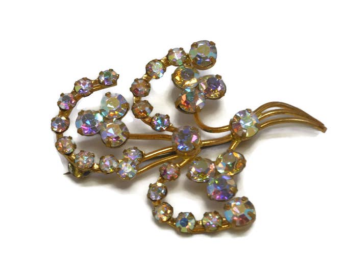 FREE SHIPPING Austrian crystal brooch, Aurora Borealis rhinestone crystals, floral bouquet spray, 1960s late 1950s, marked made in Austria