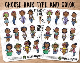 African American Brown Black Afro Braids Cute Girl Assorted Planner Stickers - Erin Condren, Happy Planner, Kikki K, Filofax, Decorative