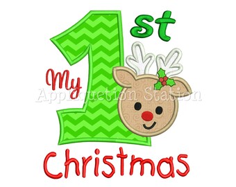 My First Christmas Reindeer Applique Machine Embroidery Design Boy Girl 1st Christmas Holiday INSTANT DOWNLOAD