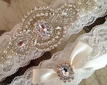 SALE-Garters-Wedding Garter-Ivory-Antique White-Bridal White-Garter-Bridal Garter-Vintage Garter-garter belt-Navy-Blue-garter-Rhinestone