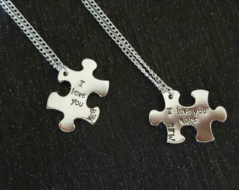 Handstamped Puzzle piece necklace set. "I love you" " i love you more" personalised initials. Valentines gift - couples gift - anniversary