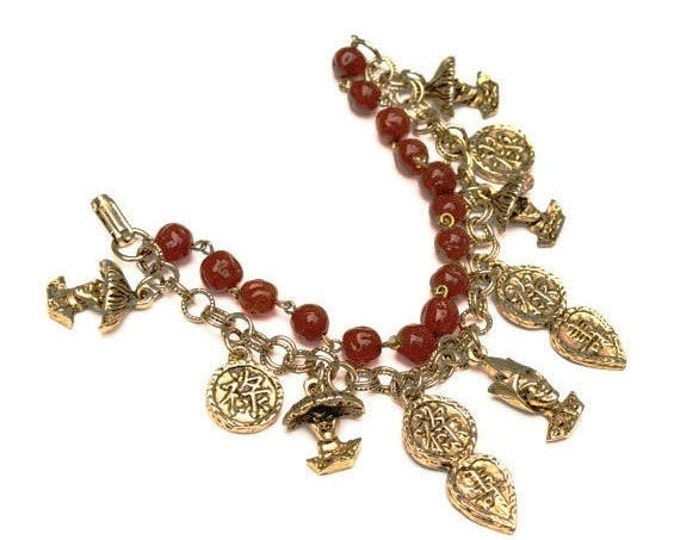 Carnelian Gold Charm Bracelet - Asian style - double chain - cha cha bangle