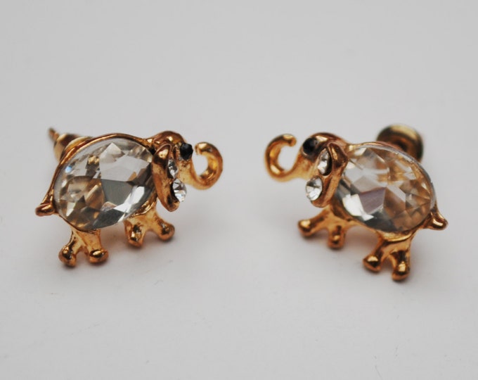 Elephant Stud Earrings - Clear crystal Rhinestone - Gold figurine pierced earrings