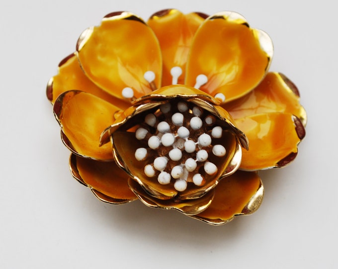 Yellow Orange Flower Brooch - Enamel Flower -Mustard white - Mid century floral Pin