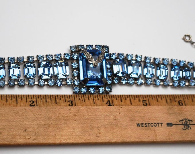 Blue Rhinestone Bracelet - Emerald cut Crystal - Prong set -Silver tone setting - Gift for her -Wedding BRide