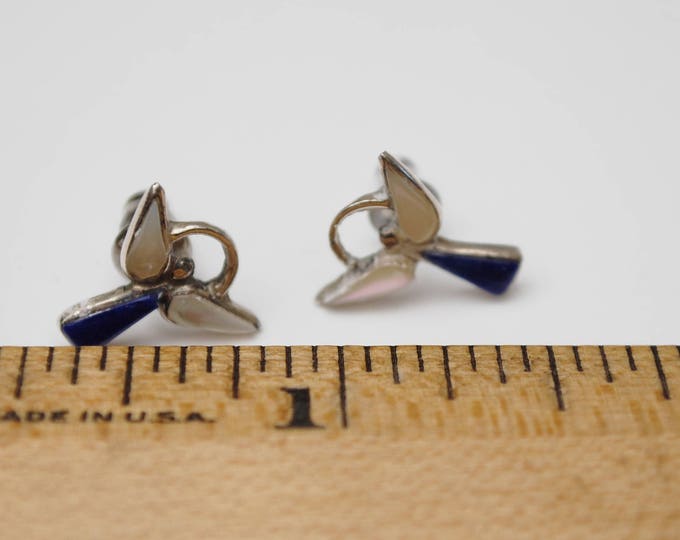 Sterling Angel Stud Earrings -Blue Lapis gemstone -White mother of pearl - pierced earring