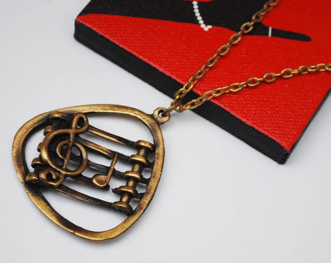 Music Note Necklace - Brass gold metal music pendant - Clef Key