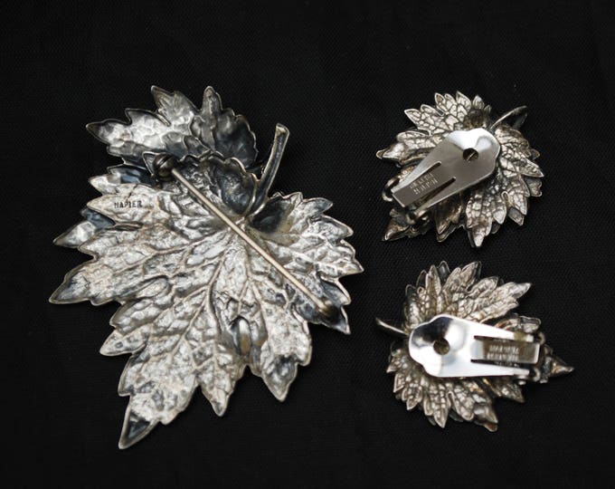 Leaf brooch and earring set - Napier Signed - Silver - clip on earrings -Mid Century