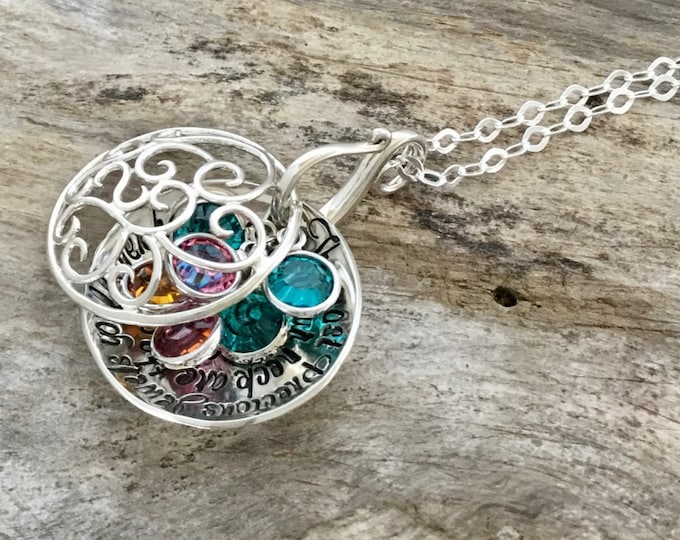 Personalized Grandma Sterling Silver Necklace // Cup of Love Locket // Hand Stamped Jewelry // Filigree Grandmother Necklace