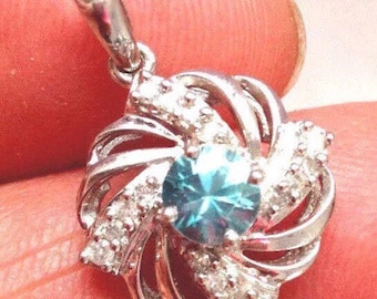 14K Blue Zircon Diamond Pinwheel Spiral Pendant MidCentury White Gold