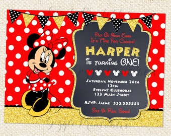 Red Minnie Mouse invitations, Minnie Mouse Birthday Invitations, Red and Gold Invitations, Baby Minnie Invitations