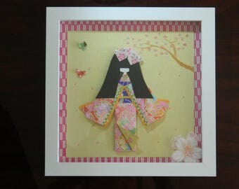 Japanese paper doll, 9" x 9" shadow box white, 3D