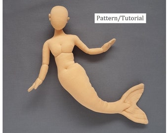 Printed pattern 15 inch Mermaid blank cloth doll body mannequin 38 cm. Posable little mermaid doll soft sculpture. One quarter scale.