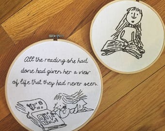 Matilda Roald Dahl Embroidery Art, Children's Book Illustration Art, Children's Room Decor, Gifts for Bookworms, Book Themed Wall Art