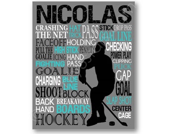 Hockey Typography Art Print, Boy's Room Art, Choose Any Colors, Personalized Gift for Father's day or NHL, Hockey Team or Coach gift