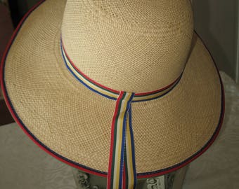 Ribbon and vintage natural color Georgette.Paille panama straw hat.