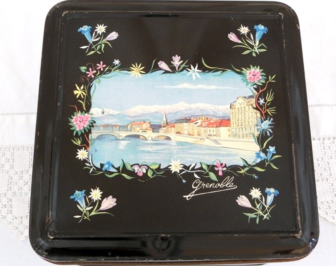 Large Vintage French Metal Tin with Floral Pattern and Illustration of the Town of Grenoble, Shabby, Romantic, Retro, Decor, Country, Box Large Vintage French Metal Tin with Floral Pattern and Illustration of the Town of Grenoble, Shabby, Romantic, Retro, Decor, Country, Box