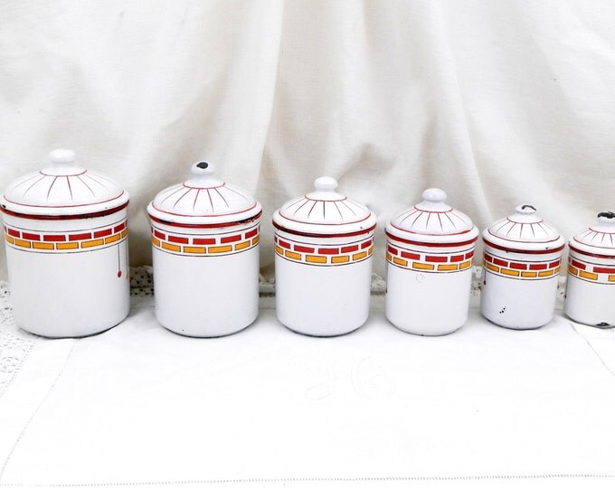 Rare Antique 6 Piece Set French White Red and Yellow Art Nouveau Enamelware Canister Set, Enamel Country Farmhouse Kitchen Decor from France