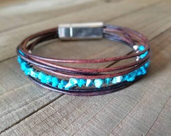Turquoise leather bracelet - turquoise stone - boho leather wrap - turquoise jewelry - turquoise stone bracelet - boho turquoise bracelet