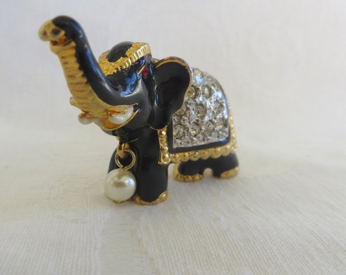Vintage Elephant Brooch, Rhinestone and Enamel, Moghul Jewelry