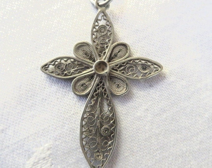 Sterling Filigree Cross Pendant, Sterling Silver Filigree Cross, Wire Work Cross Pendant