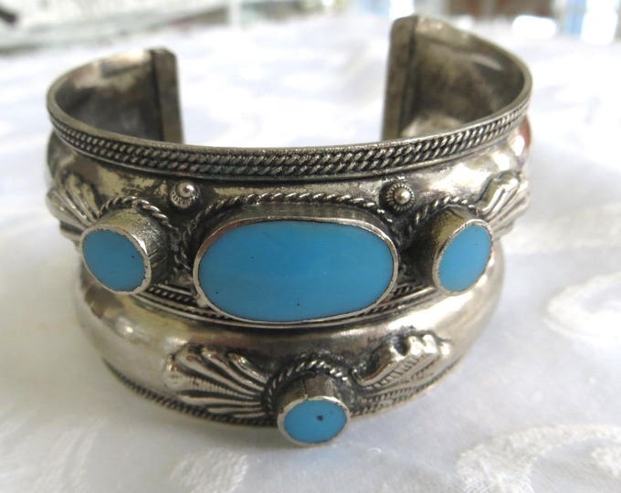 Vintage Afghan Tribal Bracelet, Turquoise Cuff Bracelet, Silvertone Wide Tribal Cuff, Festival Jewelry