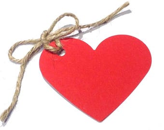 10 Red Heart Shaped Tags with Natural Jute Twine - 70mm x 60mm