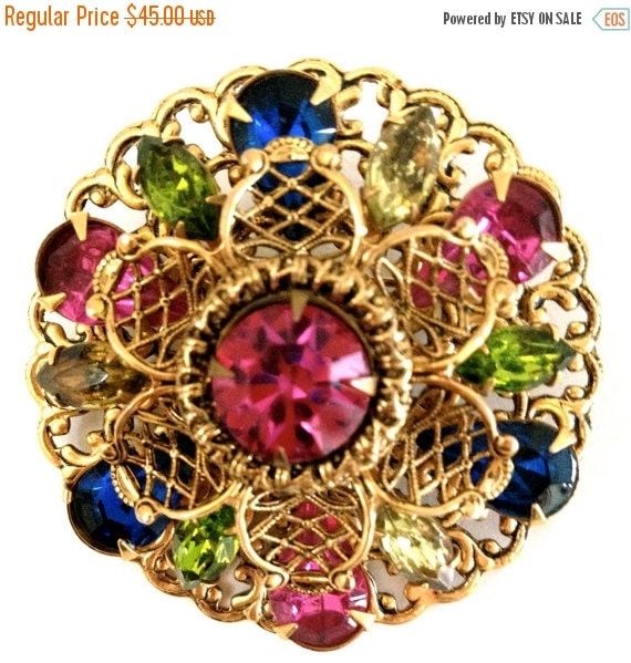 Jewel Tone Rhinestone Brooch by Vintageimagine on Etsy