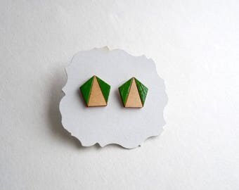 Geometric earrings, Wooden Pentagon Laser cut Earrings, Minimalist earrings, Stud Green Earrings, Laser cut Jewellery