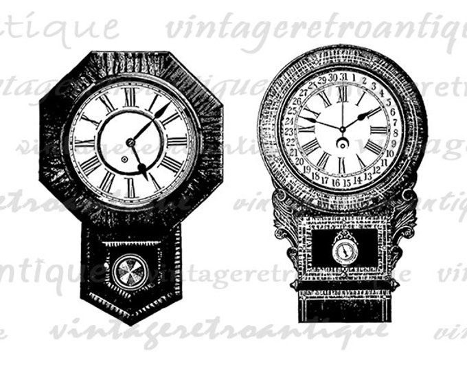 Two Antique Clocks Digital Image Download Collage Sheet Antique Time Printable Graphic Jpg Png Eps HQ 300dpi No.3745