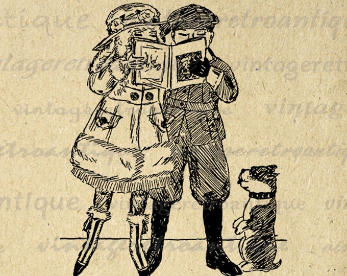 Boy and Girl Reading Book with Dog Image Digital Download Printable Graphic Vintage Clip Art Jpg Png Eps HQ 300dpi No.3200