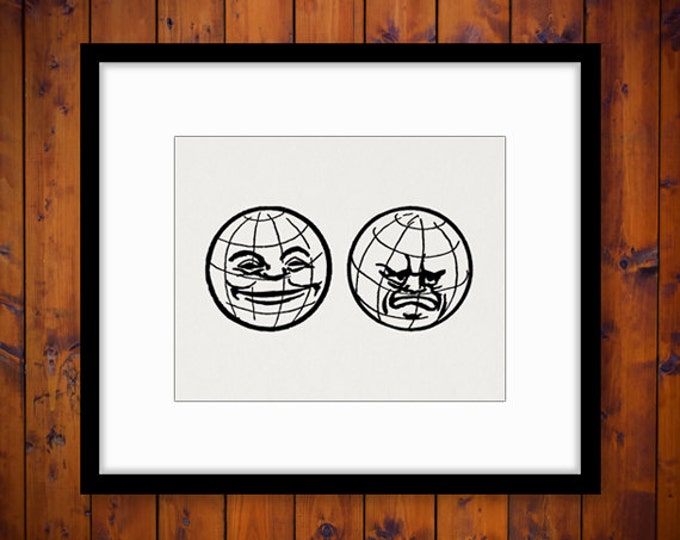 Printable Happy and Angry Earth Face Globe Planet World Image Graphic Download Digital Antique Clip Art Jpg Png Eps HQ 300dpi No.1943